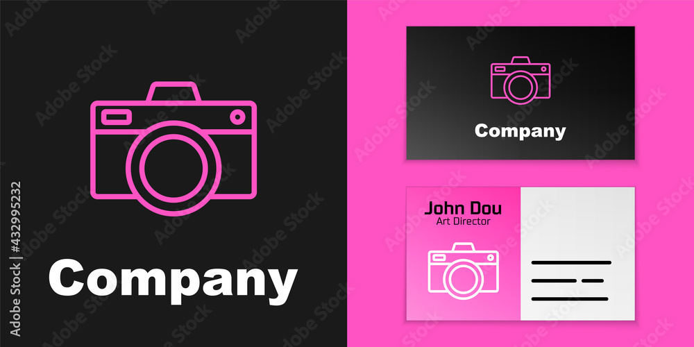 Pink line Photo camera icon isolated on black background. Foto camera icon. Logo design template ele