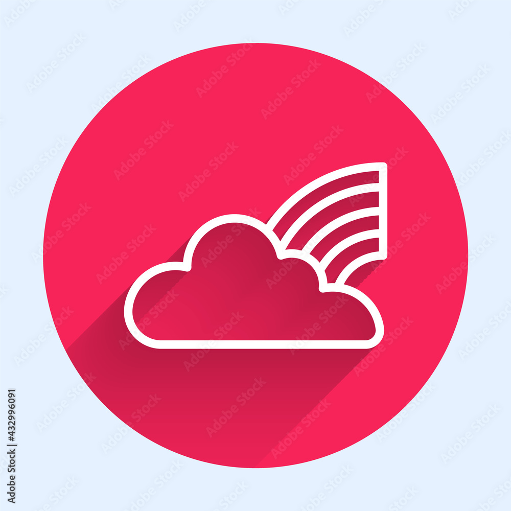 White line Rainbow with clouds icon isolated with long shadow. Red circle button. Vector