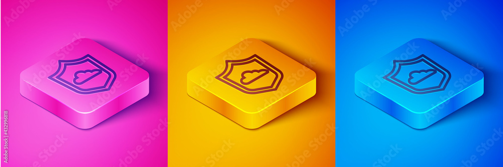 Isometric line Weather forecast icon isolated on pink and orange, blue background. Square button. Ve