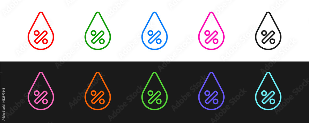 Set line Water drop percentage icon isolated on black and white background. Humidity analysis. Vecto