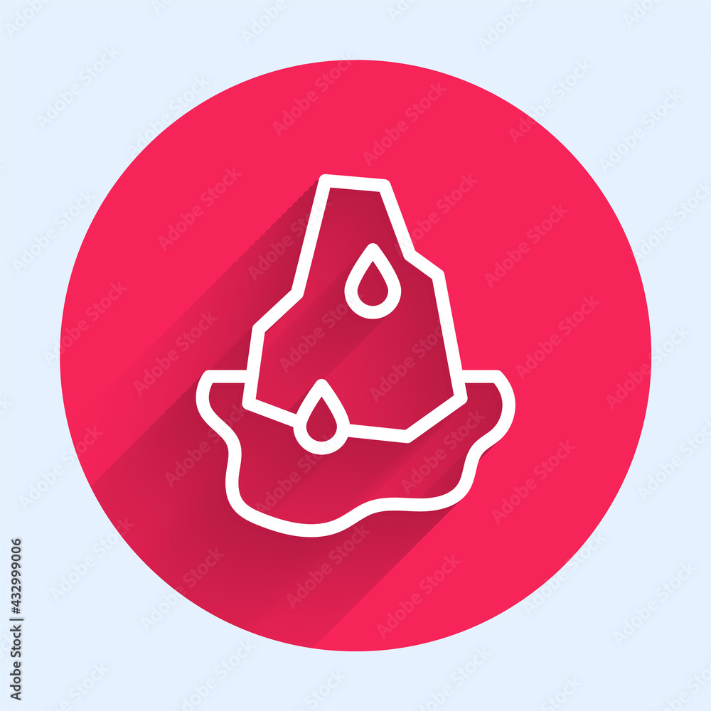 White line Glacier melting icon isolated with long shadow. Red circle button. Vector