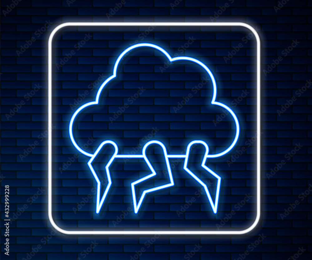 Glowing neon line Storm icon isolated on brick wall background. Cloud and lightning sign. Weather ic