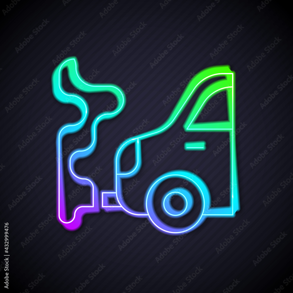 Glowing neon line Car exhaust icon isolated on black background. Vector