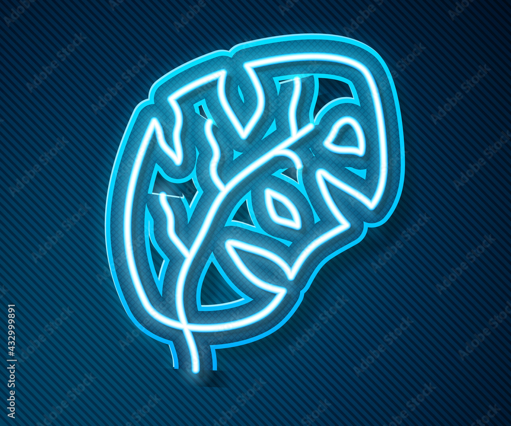 Glowing neon line Tropical leaves of palm tree icon isolated on blue background. Vector