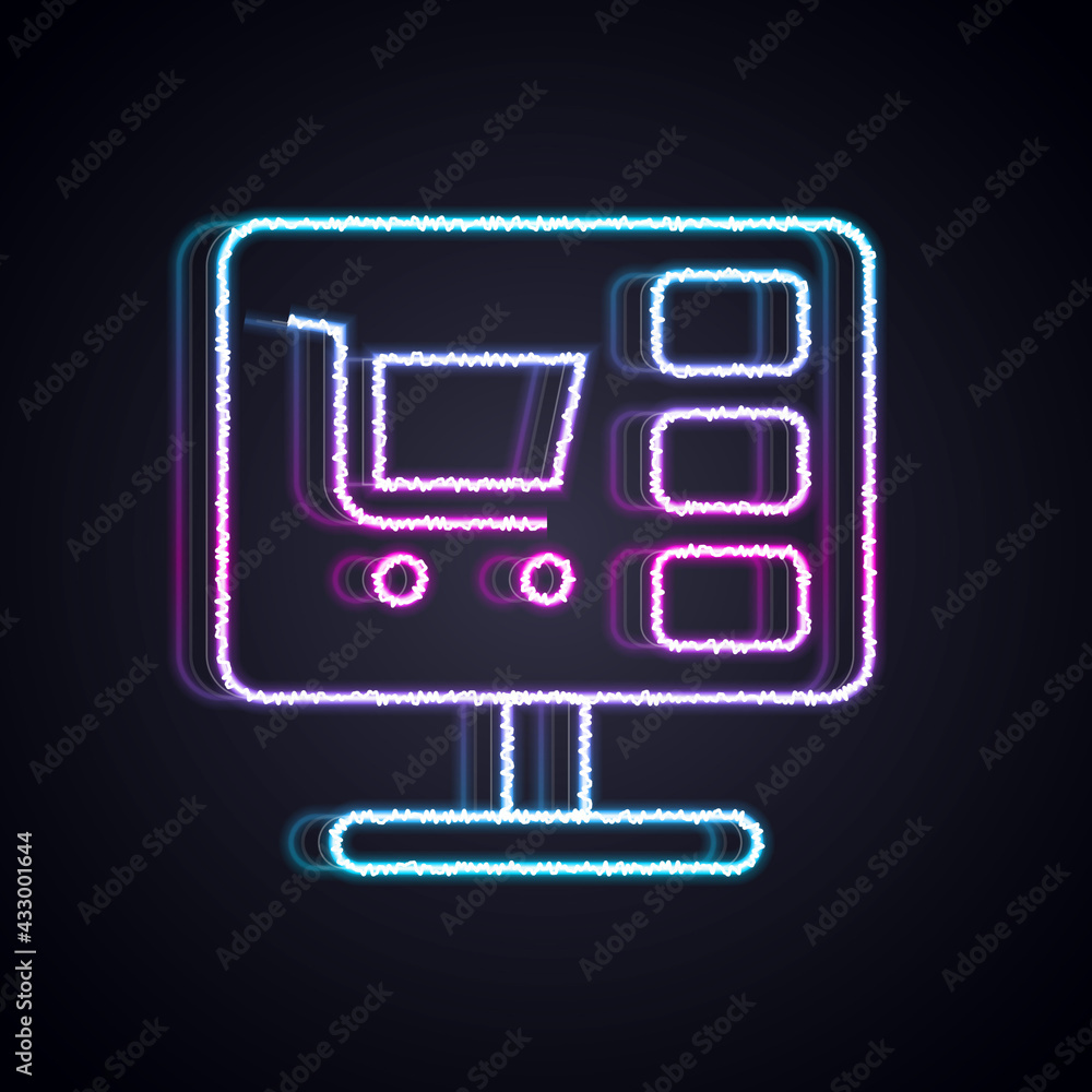 Glowing neon line Shopping cart on screen computer icon isolated on black background. Concept e-comm