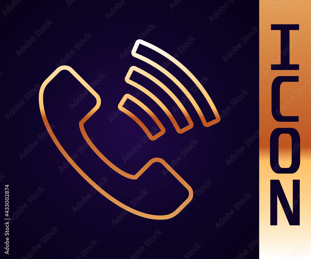 Gold line Telephone 24 hours support icon isolated on black background. All-day customer support cal