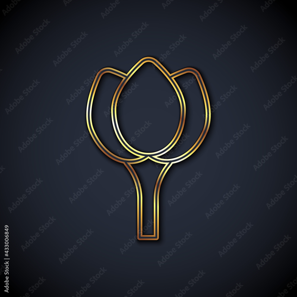 Gold line Flower tulip icon isolated on black background. Vector