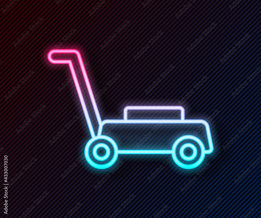 Glowing neon line Lawn mower icon isolated on black background. Lawn mower cutting grass. Vector