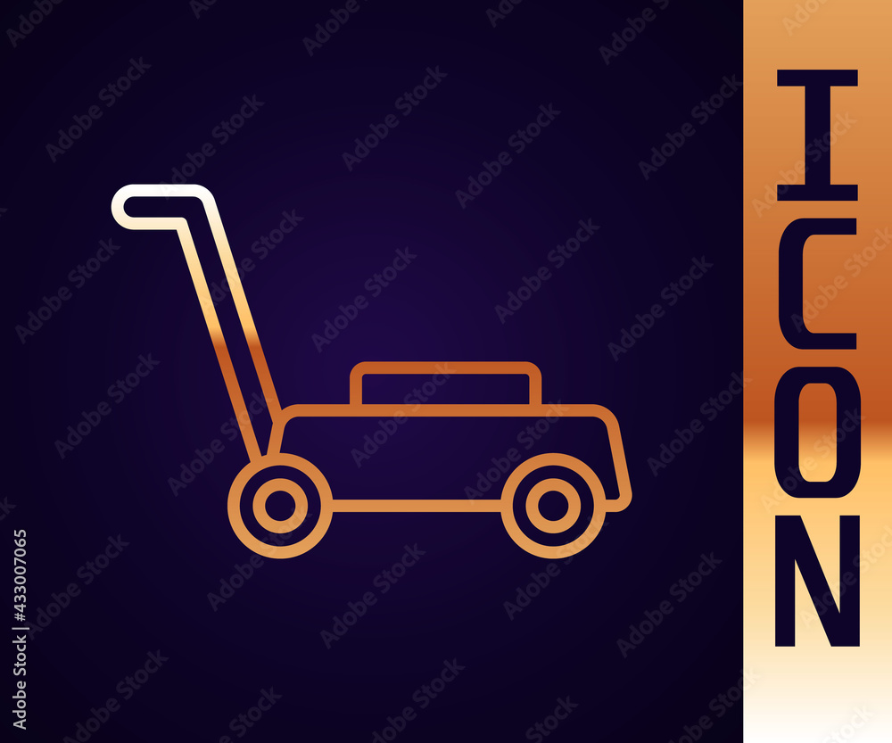 Gold line Lawn mower icon isolated on black background. Lawn mower cutting grass. Vector