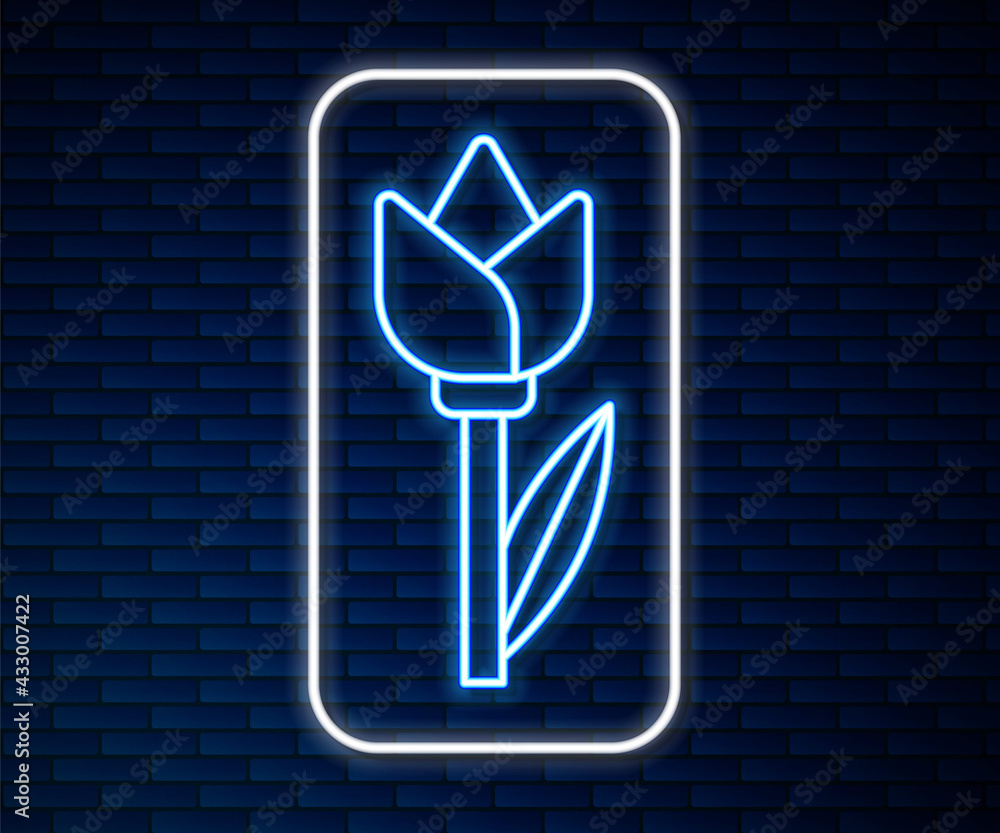 Glowing neon line Flower tulip icon isolated on brick wall background. Vector