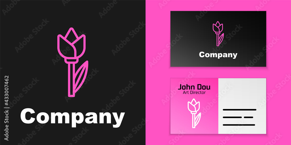 Pink line Flower tulip icon isolated on black background. Logo design template element. Vector