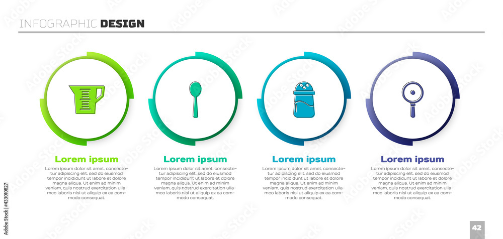 设置量杯、勺子、盐和煎锅。商业信息图模板。矢量