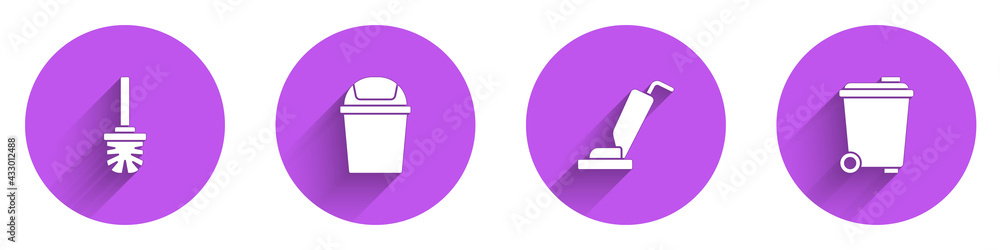 设置马桶刷、垃圾桶、吸尘器和长阴影图标。矢量