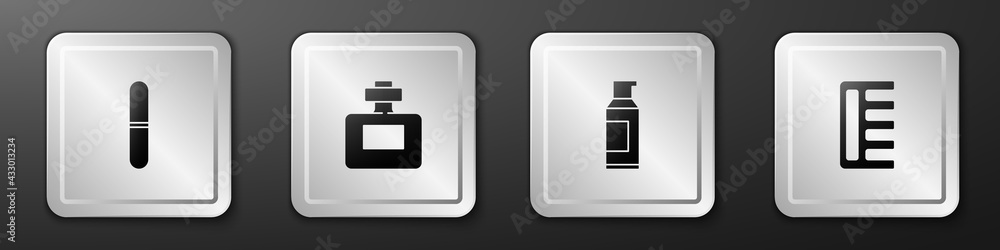 设置指甲锉、香水、发胶喷雾罐和发刷图标。银色方形按钮。矢量