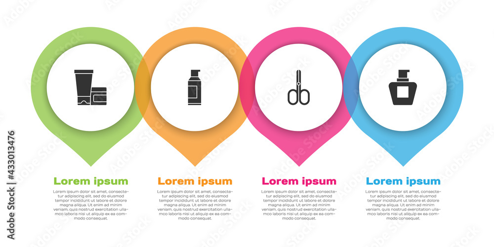 Set Cream or lotion cosmetic tube, Spray can for hairspray, Scissors and . Business infographic temp