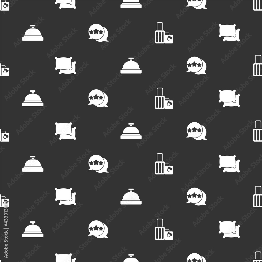 Set Suitcase, Pillow, Hotel service bell and Five stars rating review on seamless pattern. Vector