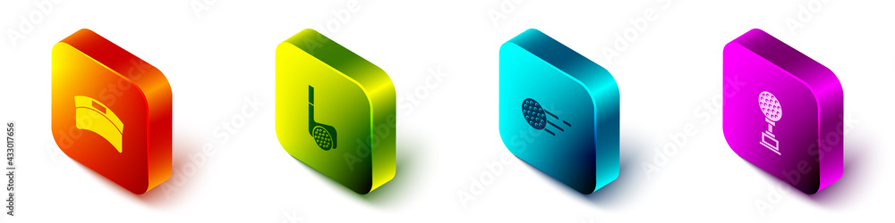 Set Isometric Sun visor cap, Golf club with ball, and Award cup golf icon. Vector