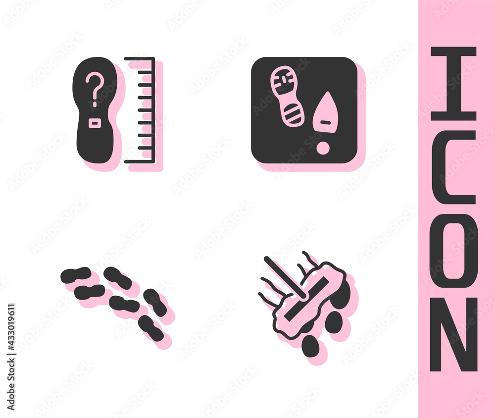 Set Mop，Square measure foot size，Human footprints shoes and icon.Vector（设置拖把，方形测量脚的大小，人类脚印鞋和图标。矢量）