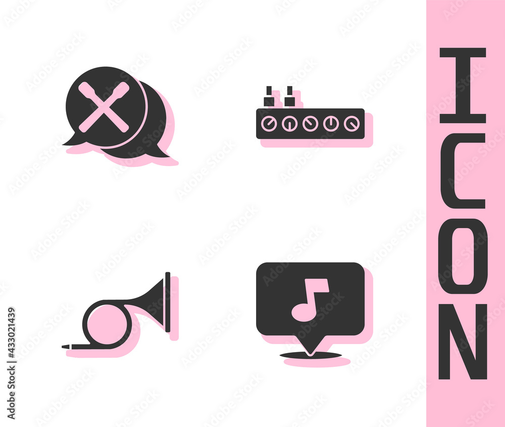 Set Music note, tone, Drum sticks, Trumpet and Sound mixer controller icon. Vector