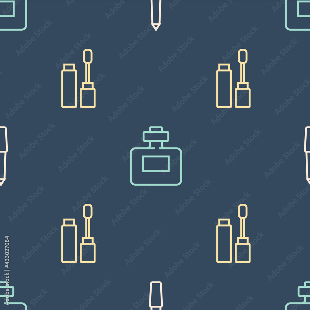 Set line Nail file, Mascara brush and Perfume on seamless pattern. Vector