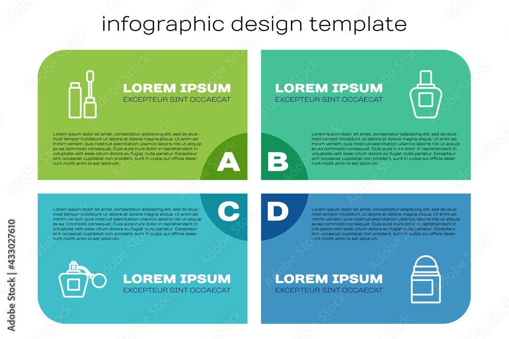 Set line Perfume, Mascara brush, Antiperspirant deodorant roll and . Business infographic template. 