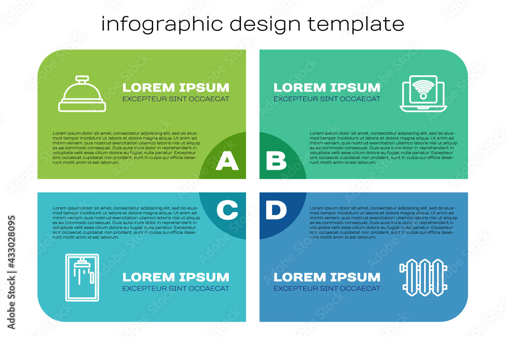 Set line Shower cabin, Hotel service bell, Heating radiator and Wireless laptop. Business infographi