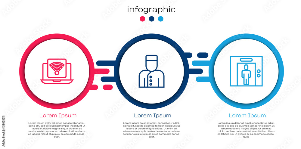 设置线路无线笔记本电脑，礼宾和电梯。商业信息图模板。矢量