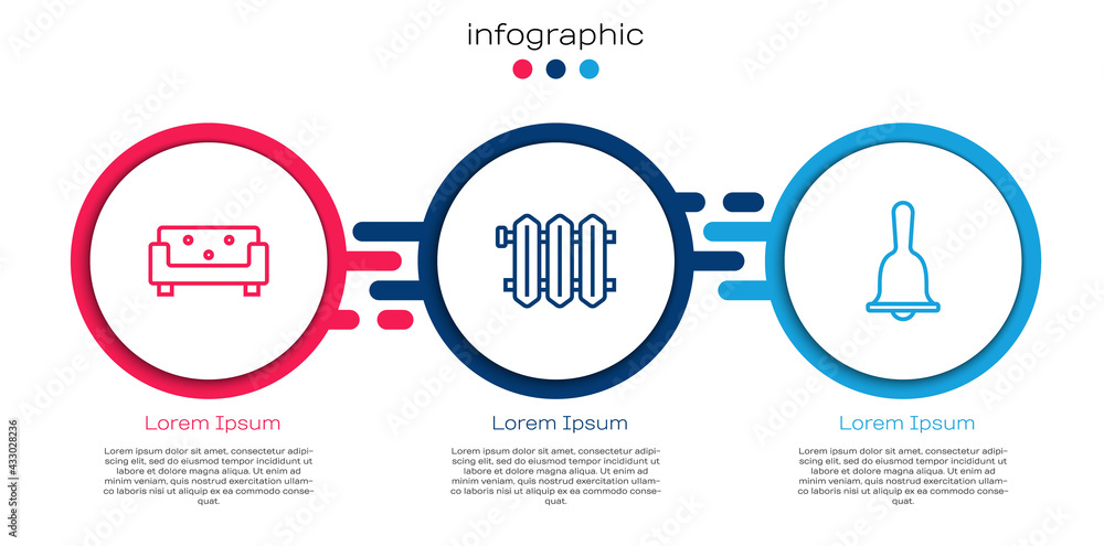 Set line Sofa, Heating radiator and Hotel service bell. Business infographic template. Vector