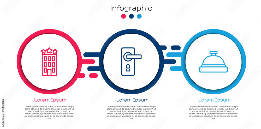 Set line Hotel building, Door handle and service bell. Business infographic template. Vector