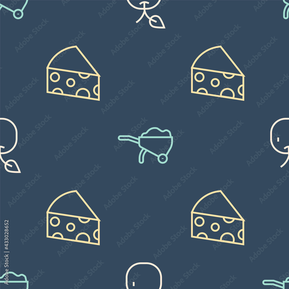 Set line Apple, Cheese and Wheelbarrow with dirt on seamless pattern. Vector