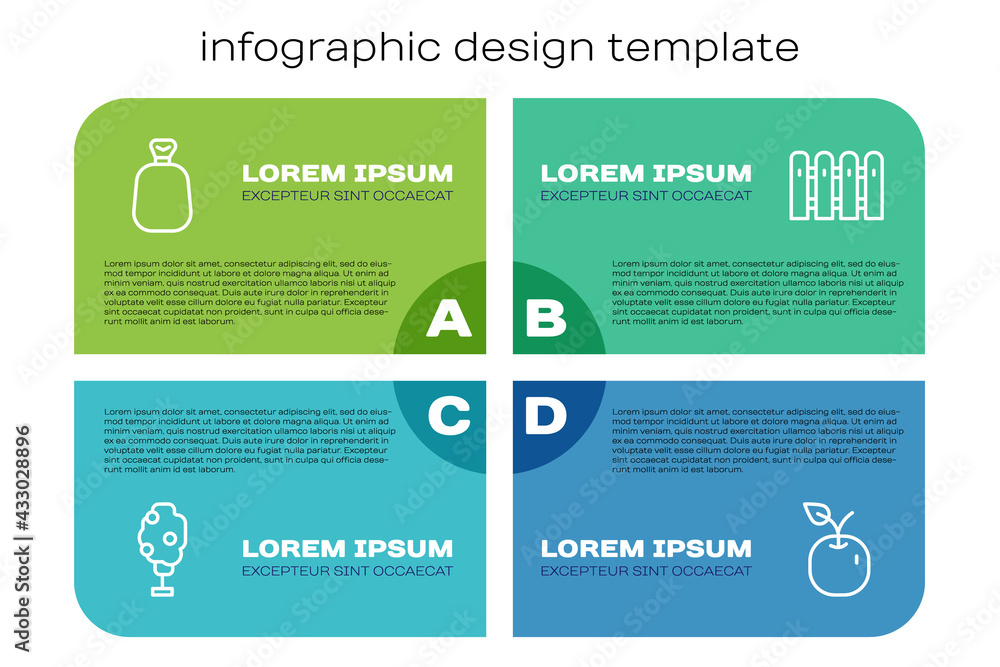 Set line Tree with apple, Full sack, Apple and Garden fence wooden. Business infographic template. V