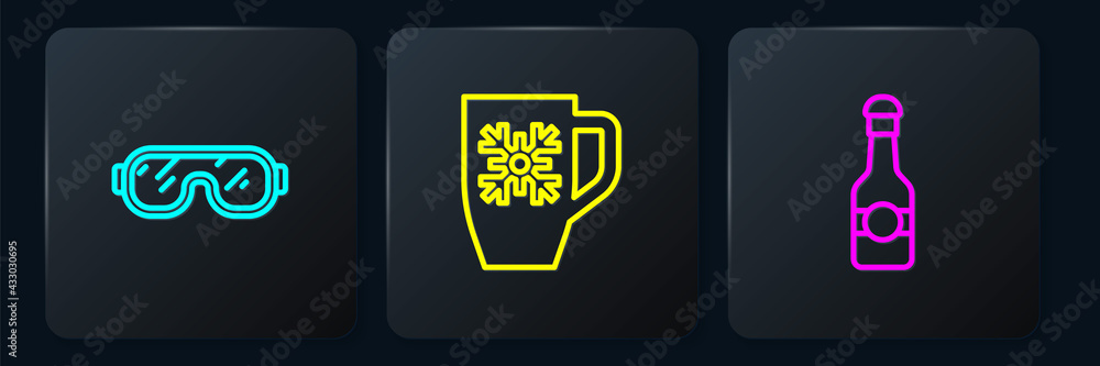 Set line Ski goggles, Champagne bottle and Coffee cup with snowflake. Black square button. Vector