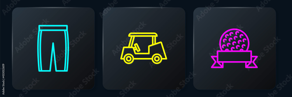 Set line Golf pants, ball and car. Black square button. Vector