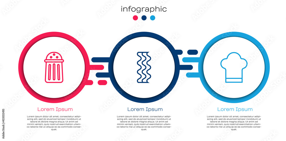 Set line Salt, Bacon stripe and Chef hat. Business infographic template. Vector