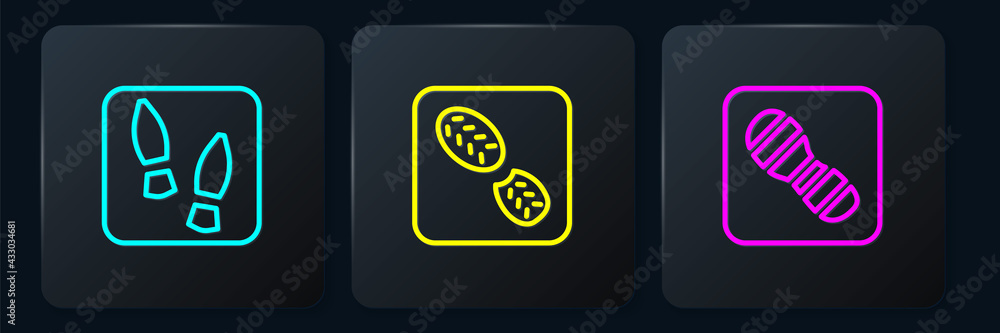 Set line Human footprints shoes, and . Black square button. Vector