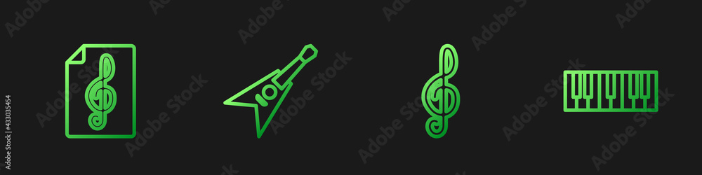 Set line Treble clef, , Electric bass guitar and Music synthesizer. Gradient color icons. Vector