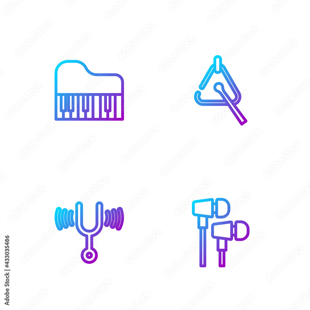 Set line Air headphones, Musical tuning fork, Grand piano and Triangle. Gradient color icons. Vector