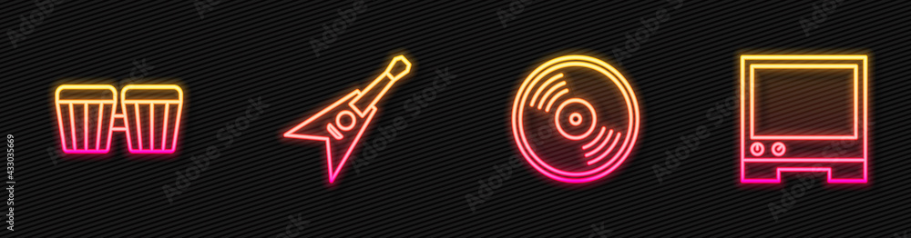 Set line Vinyl disk, Drum, Electric bass guitar and Voice assistant. Glowing neon icon. Vector