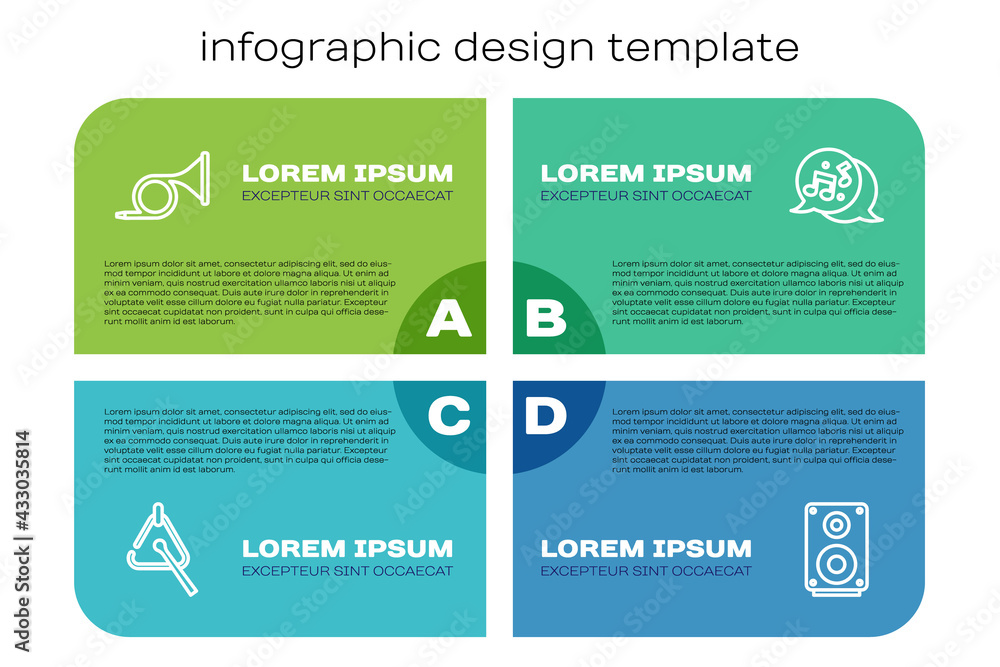 Set line Triangle, Trumpet, Stereo speaker and Music note, tone. Business infographic template. Vect