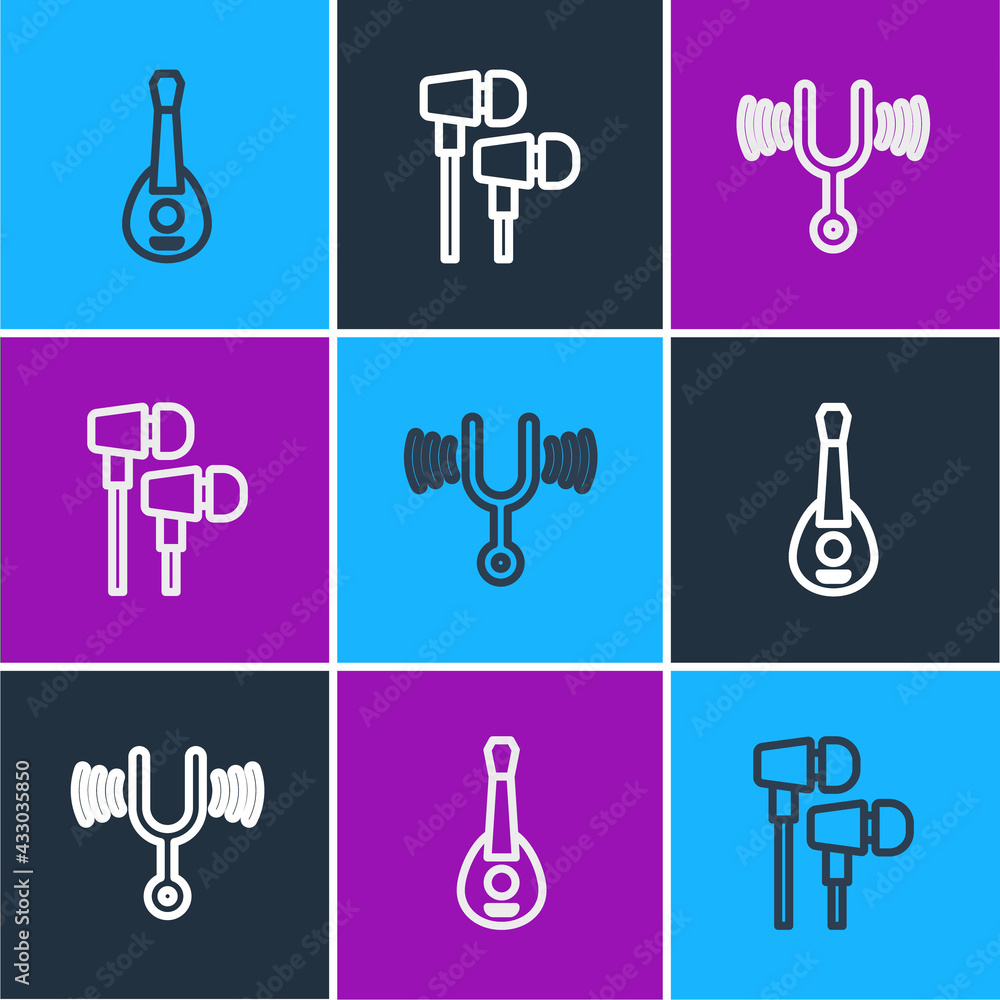 Set line Guitar, Musical tuning fork and Air headphones icon. Vector