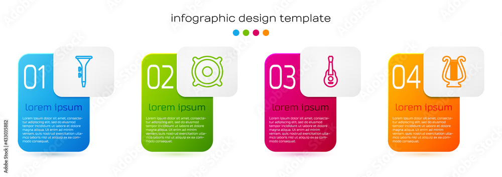 Set line Drum and drum sticks, Stereo speaker, Guitar and Ancient lyre. Business infographic templat