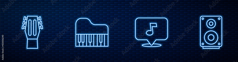 Set line Music note, tone, Guitar, Grand piano and Stereo speaker. Glowing neon icon on brick wall. 