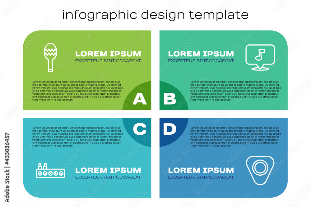 Set line Sound mixer controller, Maracas, Guitar pick and Music note, tone. Business infographic tem