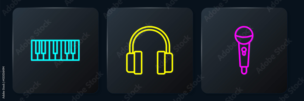 Set line Music synthesizer, Microphone and Headphones. Black square button. Vector