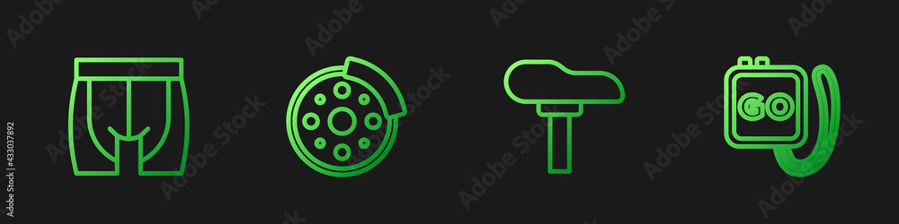 Set line Bicycle seat, Cycling shorts, brake disc and Stopwatch. Gradient color icons. Vector