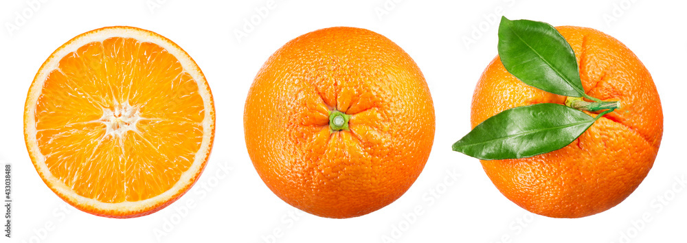 Orange isolate. Orange fruit slice and a whole with leaves on white background. Orang top view set.