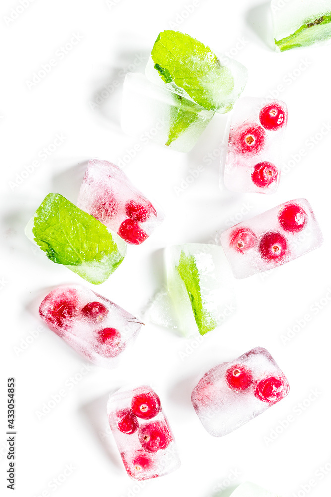 mint and red berries in ice cubes white background top view