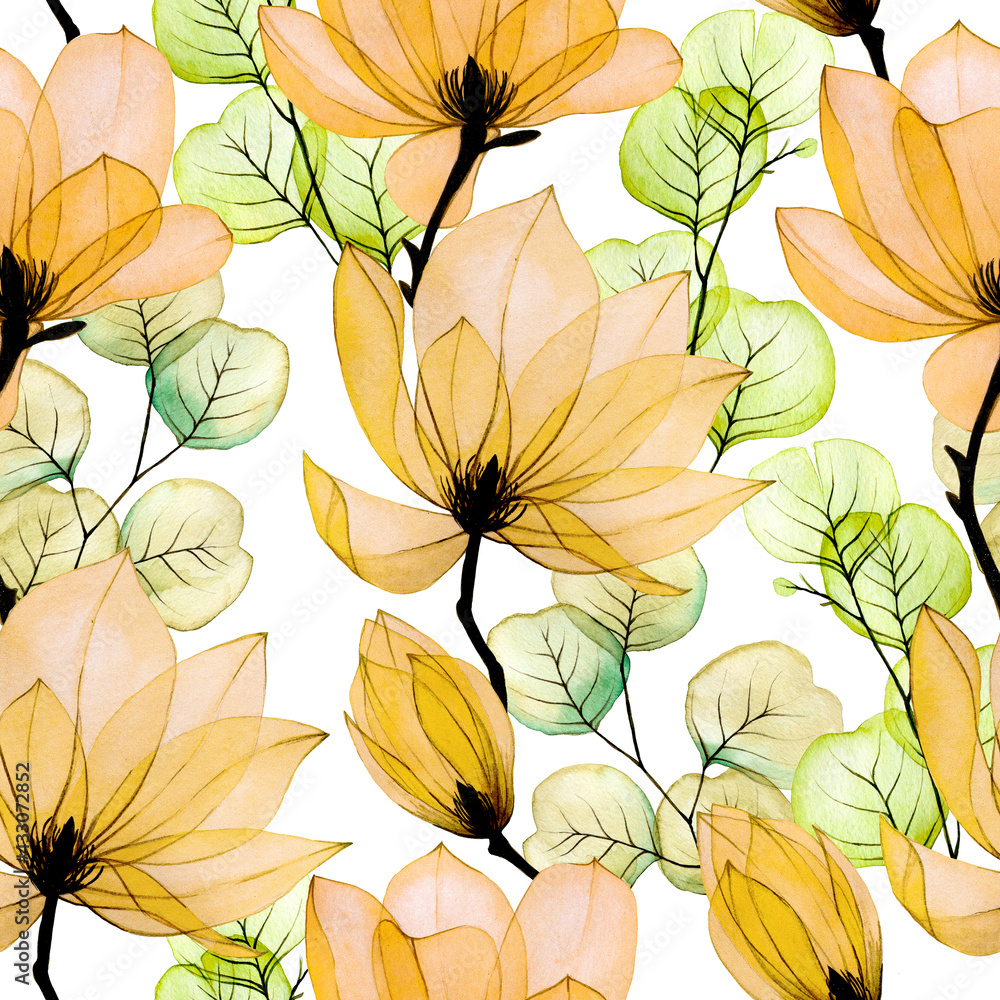 watercolor seamless pattern with transparent magnolia flowers and eucalyptus leaves. flowers and lea