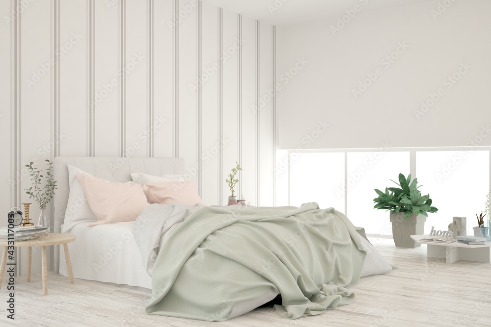 Soft color bedroom interior. Scandinavian design. 3D illustration