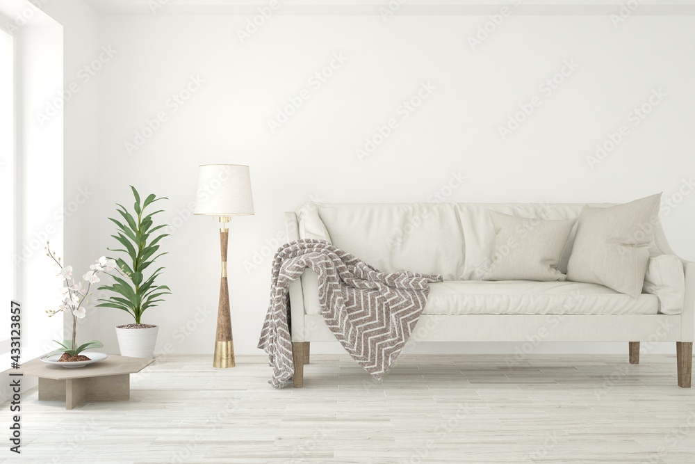 Soft color living room with sofa. Scandinavian interior design. 3D illustration